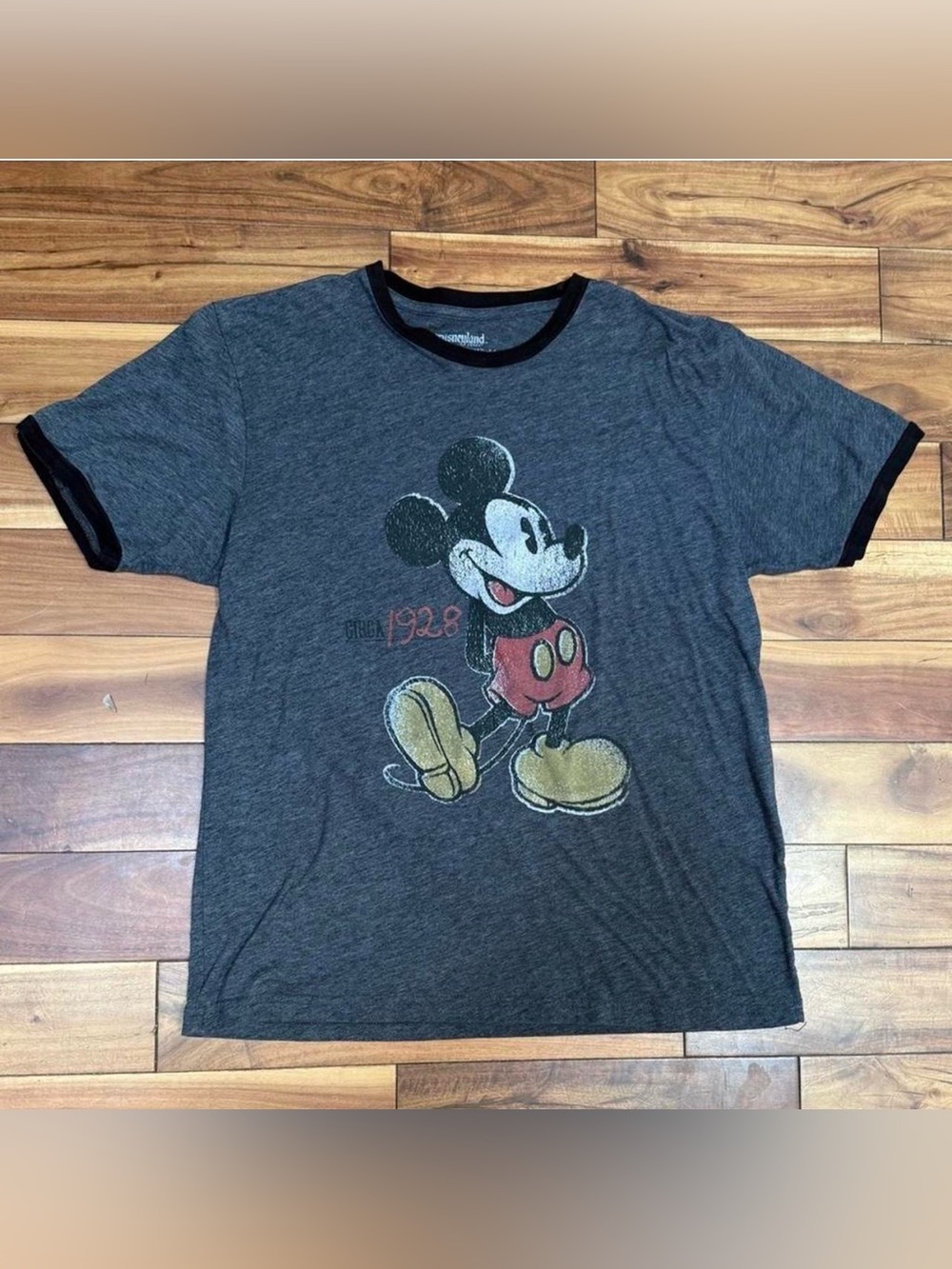 Dark Grey Mickey Mouse Graphic Ringer Tee